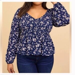 Torrid Blue Floral Smocked Babydoll Long Sleeve Bodice Babydoll Size 00X